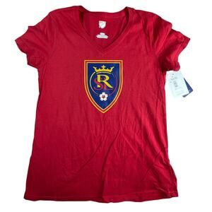 Real Salt Lake MLS Soccer Shirt Womens Medium Red Short Sleeve V-Neck Tee NWT